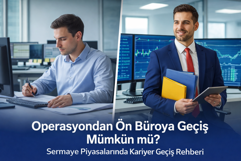 Operasyondan ön büroya geçiş sürecini gösteren görsel, solda operasyon uzmanı masa başında çalışırken sağda ön büro çalışanı finansal grafikler önünde yer alıyor.